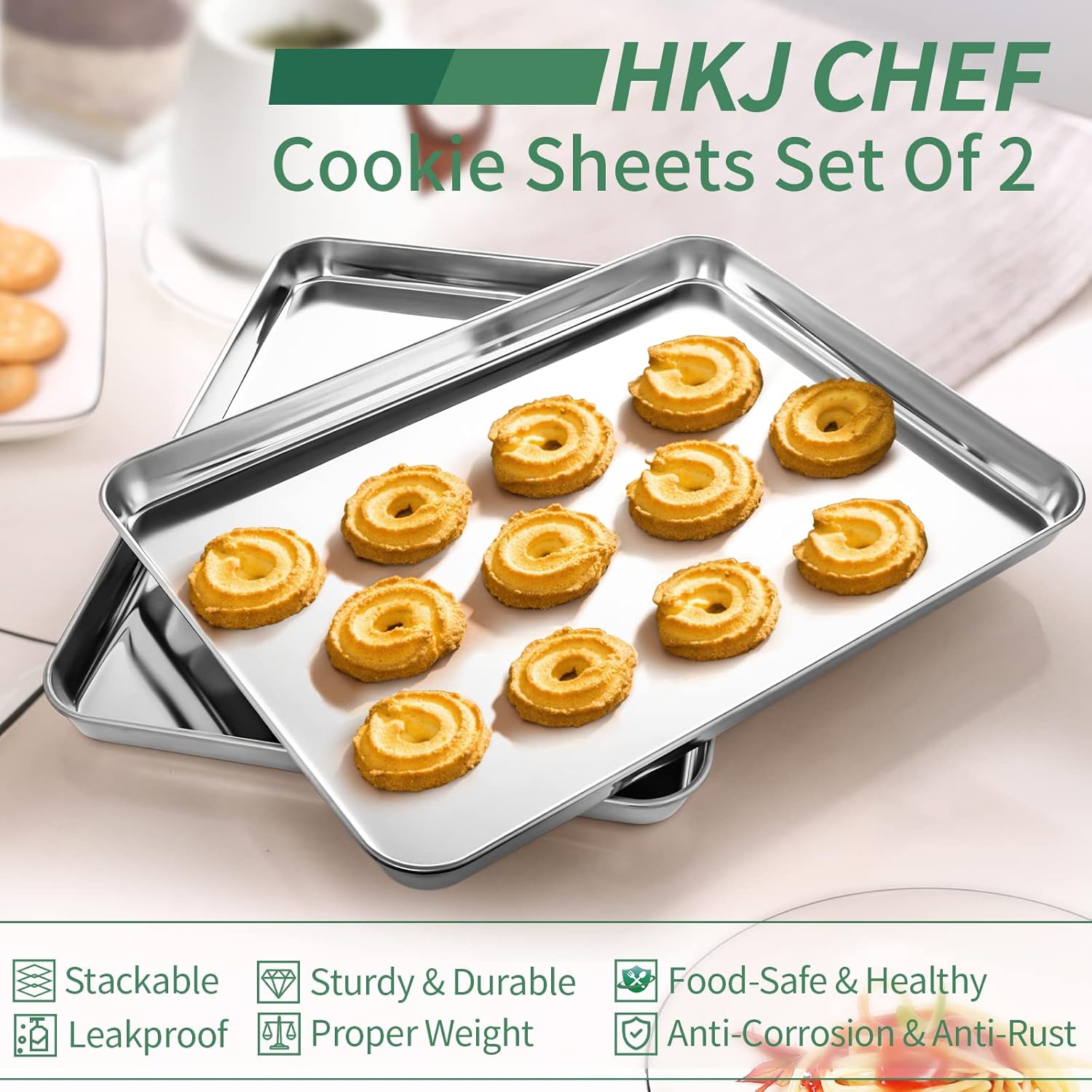 Baking Sheets Set of 2, HKJ Chef Cookie Sheets 2 Pieces Stainless Steel Baking Pans & Toaster Oven Tray Pans, Rectangle Size 20L x 14W x 1H inch & Non Toxic & Healthy & Easy Clean…6