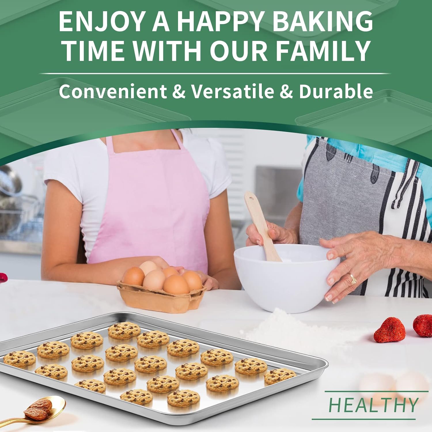 Baking Sheets Set of 2, HKJ Chef Cookie Sheets 2 Pieces Stainless Steel Baking Pans & Toaster Oven Tray Pans, Rectangle Size 20L x 14W x 1H inch & Non Toxic & Healthy & Easy Clean…9