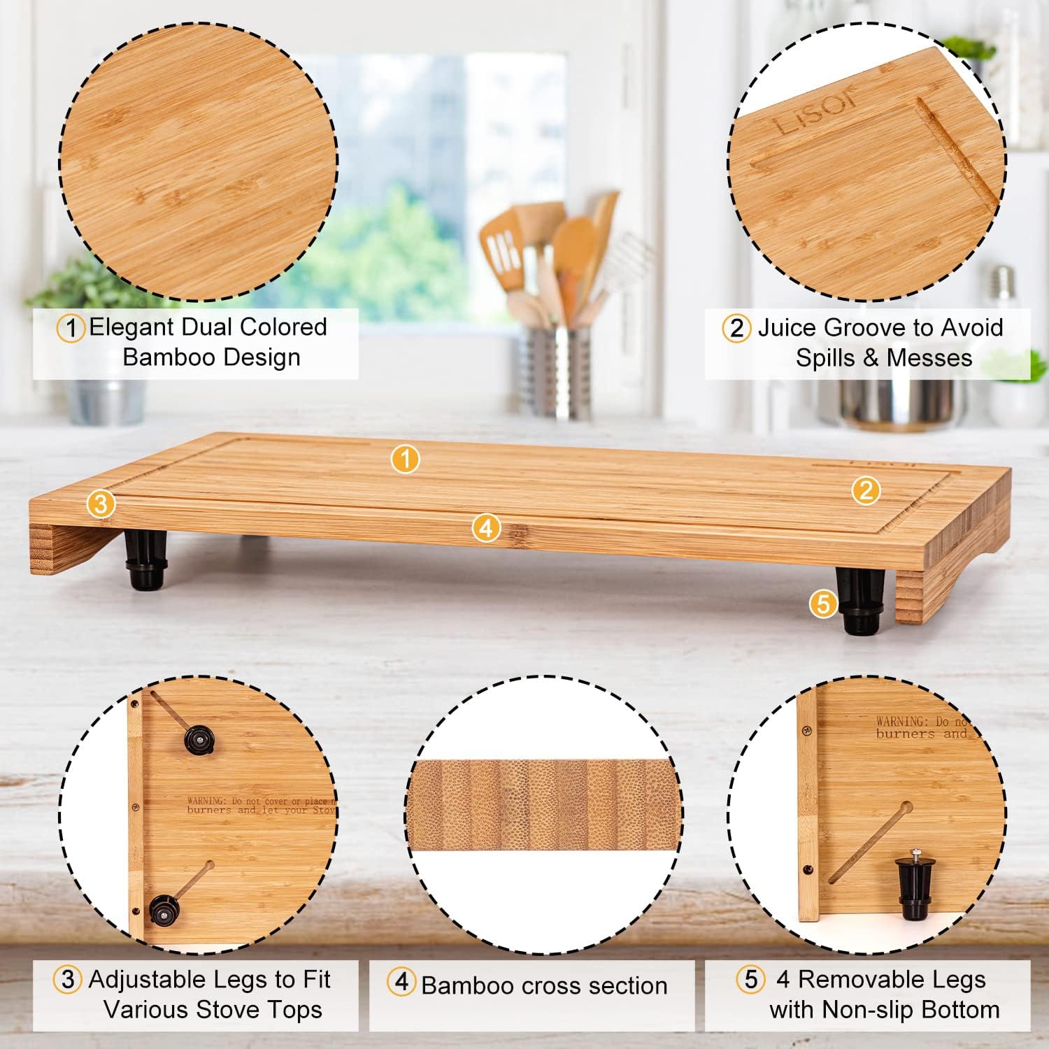 Bamboo Stovetop Cover&Countertop Cutting Board with Adjustable Legs, Dual-purpose Chopping Board for Electric Stove Burner, Workspace Block Cover for RV Camping Camper Gas Cook Top Cover2
