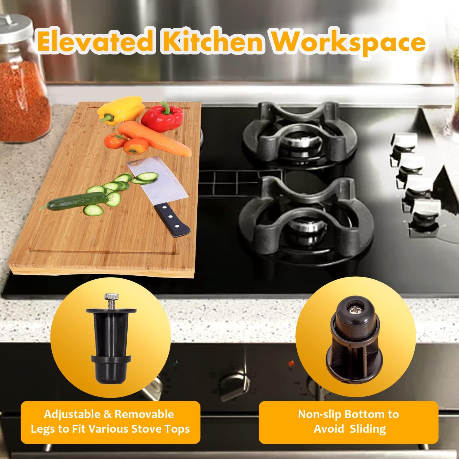 Bamboo Stovetop Cover&Countertop Cutting Board with Adjustable Legs, Dual-purpose Chopping Board for Electric Stove Burner, Workspace Block Cover for RV Camping Camper Gas Cook Top Cover7