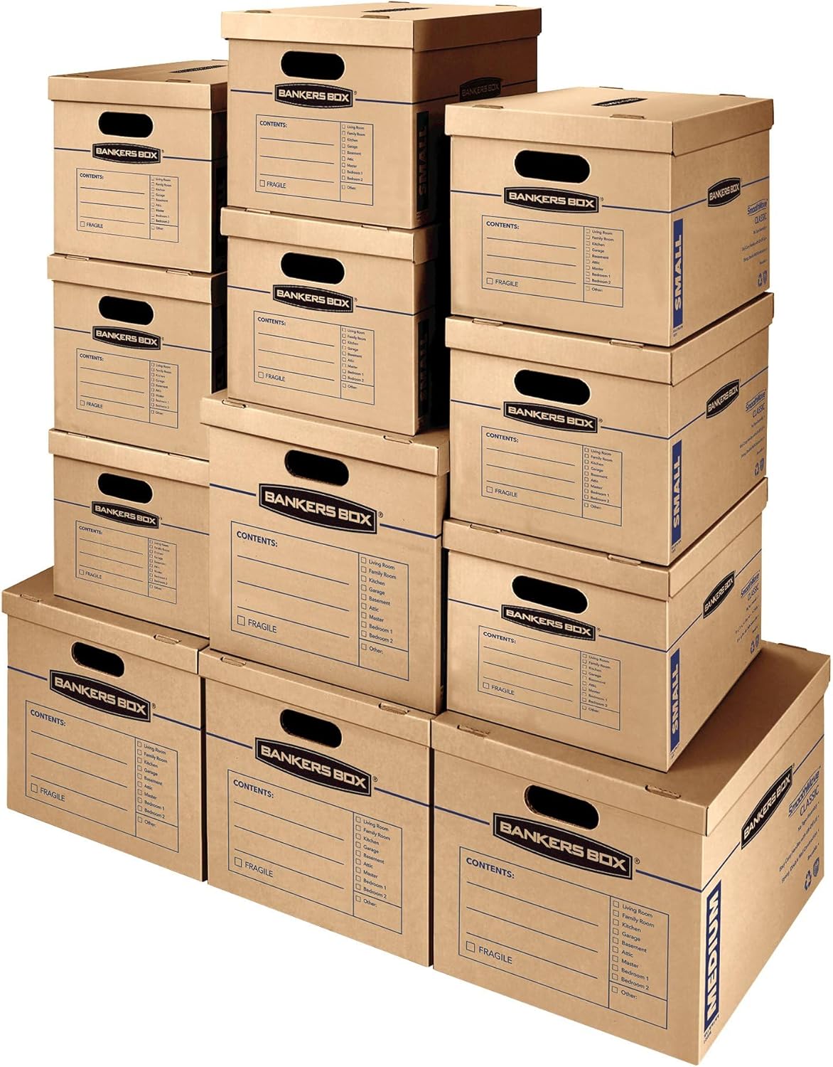 Bankers Box Classic Moving Box 12 Pack Kit, Reinforced Handles, Tape-Free Assembly, Box with Lid, 8 Small and 4 Medium Boxes (7716401) Bankers Box Classic Moving Box 12 Pack Kit, Reinforced Handles, Tape-Free Assembly, Box with Lid, 8 Small and 4 Medium Boxes (7716401)