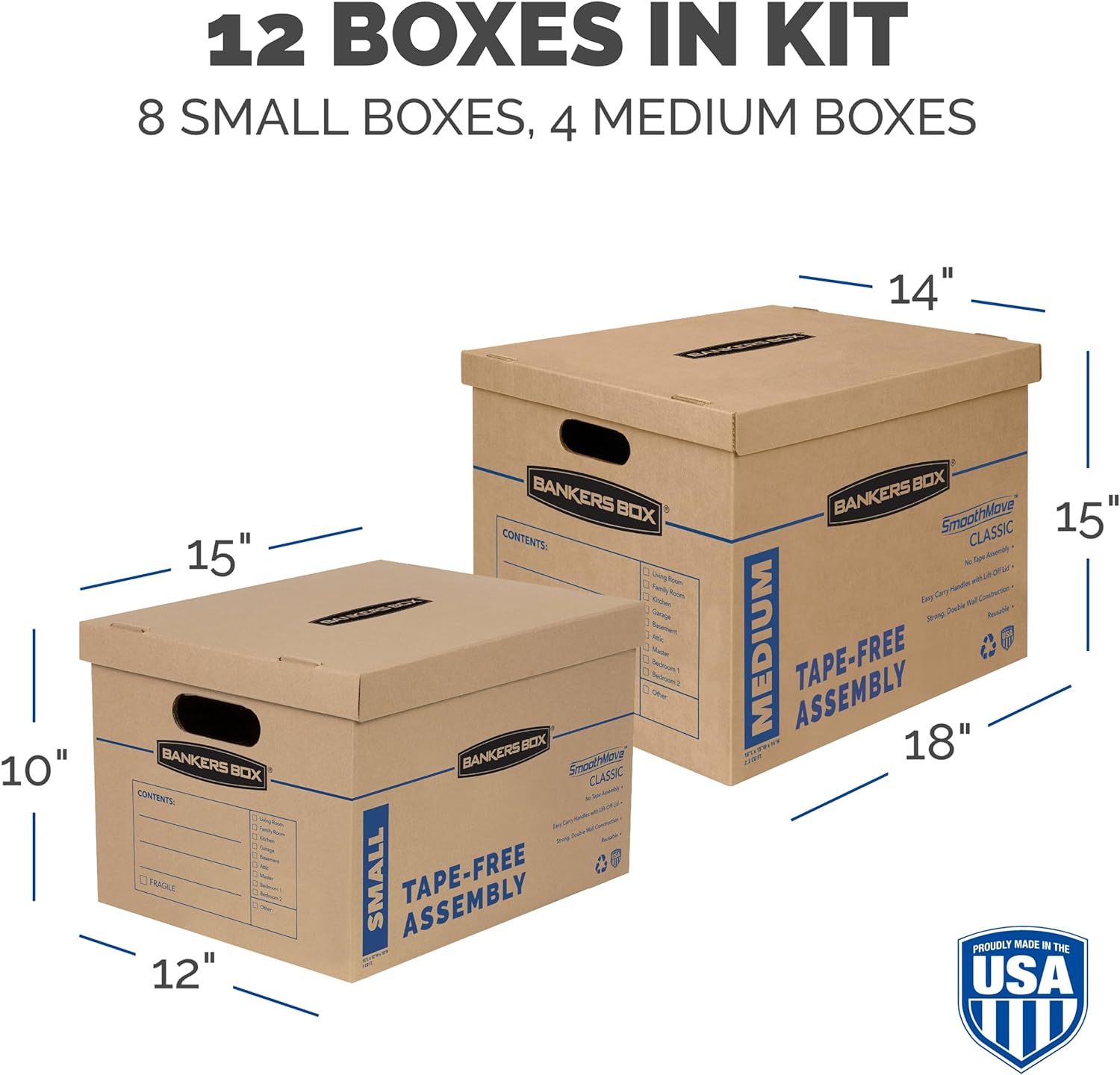 Bankers Box Classic Moving Box 12 Pack Kit, Reinforced Handles, Tape-Free Assembly, Box with Lid, 8 Small and 4 Medium Boxes (7716401)1