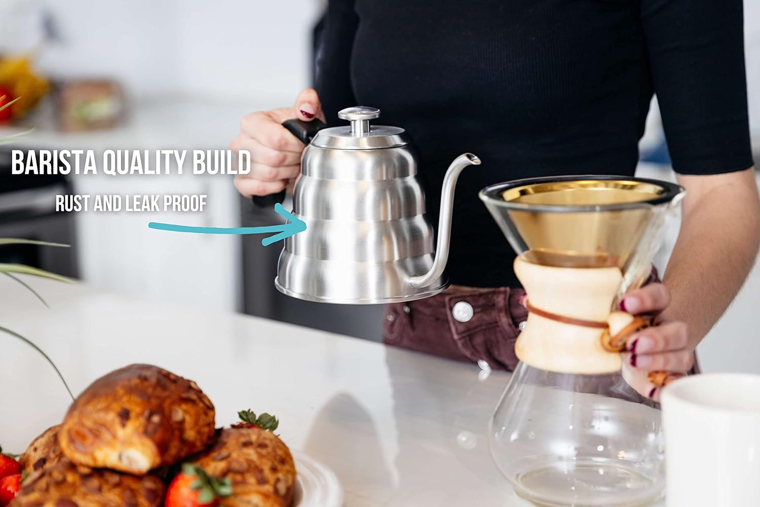 Barista Warrior Pour Over Coffee Kettle with Thermometer for Exact Temperature - Gooseneck Pour Over Kettle for Pour Over Coffee and Tea, Stainless Steel Kettle for all Stovetops (1.0 Liter, 34 fl oz)3