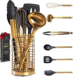 Black and Gold Kitchen Utensils Set with Holder - 7PC Gold Cooking Utensils Set Includes Gold Utensil Holder and Silicone Cooking Utensils - Elegant Gold Kitchen Accessories for Modern Cooking