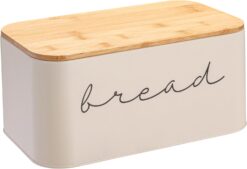 Bloomingville Metal Bin with Bamboo Lid, Cream Bread Box, 11.75" L x 5.25" W x 7" H