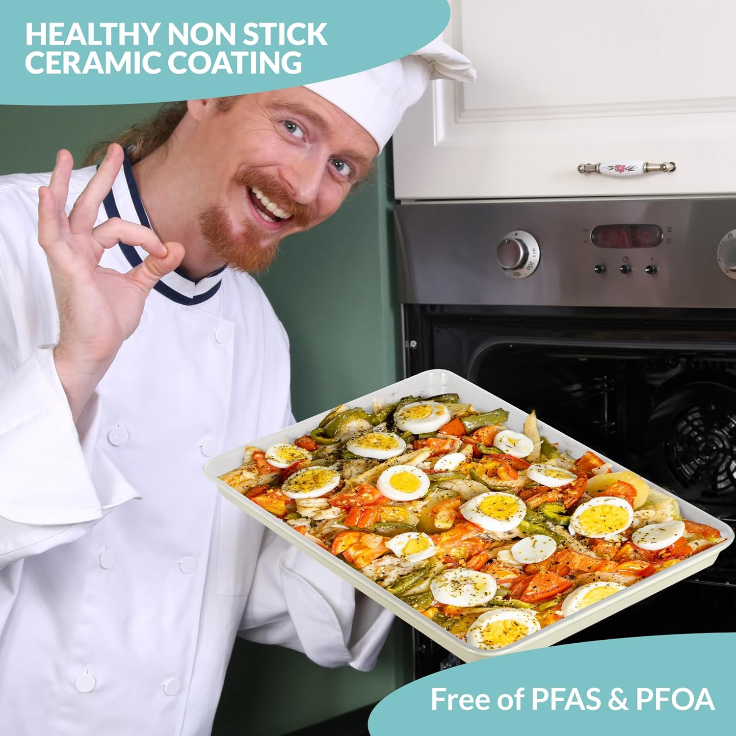 Boxiki Kitchen Non-Stick Ceramic Baking Sheet - Slick & Non-Toxic Ceramic Coating, PTFE & PFOA Free Cookie Sheet Pan - Ceramic Cookie Sheet, Perfect for Baking, Roasting, and More (Half Sheet Pan)1