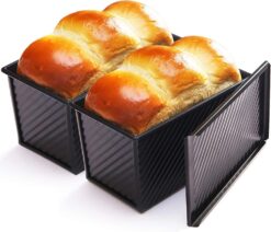 CHEFMADE Loaf Pan 2 Pcs, Non-Stick Bread Pan Carbon Steel Toast Pan with Cover for Baking Bread - Black