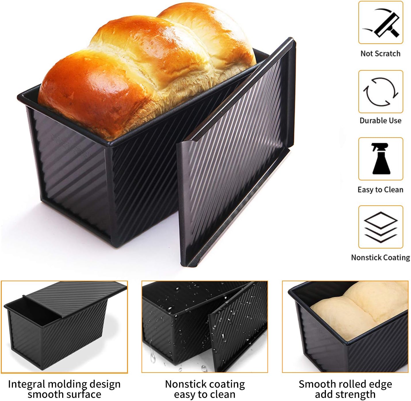 CHEFMADE Loaf Pan 2 Pcs, Non-Stick Bread Pan Carbon Steel Toast Pan with Cover for Baking Bread - Black3