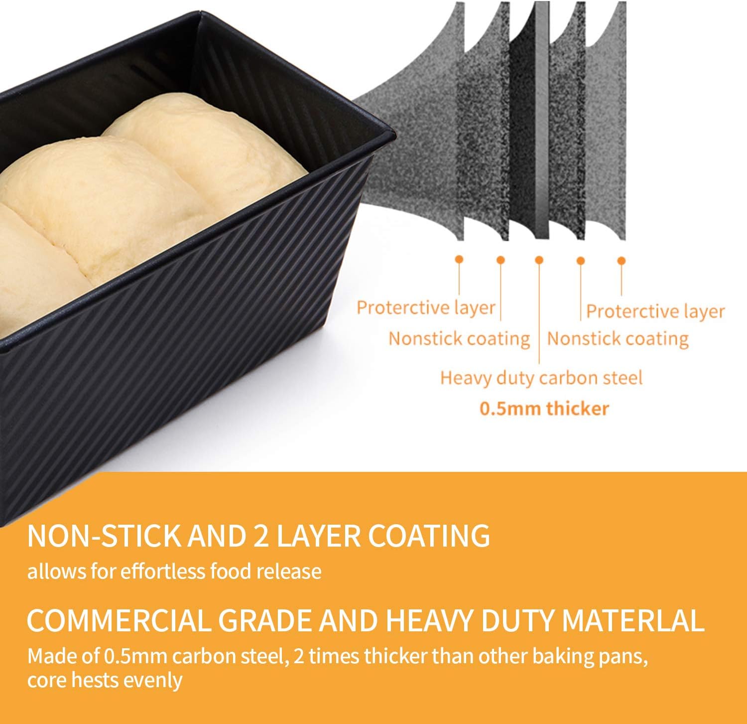 CHEFMADE Loaf Pan 2 Pcs, Non-Stick Bread Pan Carbon Steel Toast Pan with Cover for Baking Bread - Black4