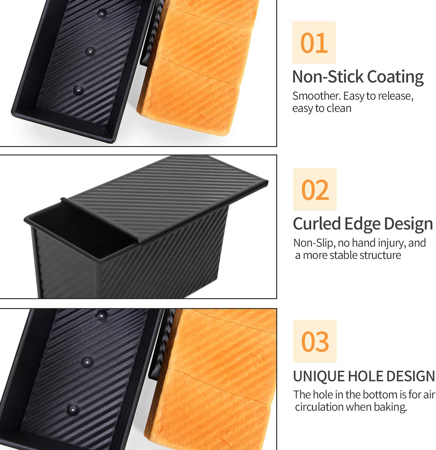 CHEFMADE Loaf Pan 2 Pcs, Non-Stick Bread Pan Carbon Steel Toast Pan with Cover for Baking Bread - Black6