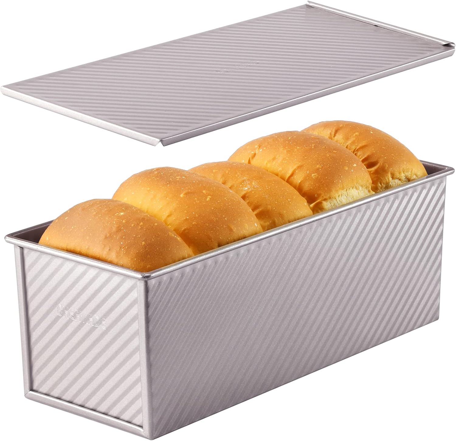CHEFMADE Loaf Pan with Lid,Commercial Pullman Bread Pan 2.2Lb Dough Capacity,Non-Stick Bakeware Carbon Steel Bread Toast Mold with Cover for Baking Bread (Champagne Gold) CHEFMADE Loaf Pan with Lid,Commercial Pullman Bread Pan 2.2Lb Dough Capacity,Non-Stick Bakeware Carbon Steel Bread Toast Mold with Cover for Baking Bread (Champagne Gold)