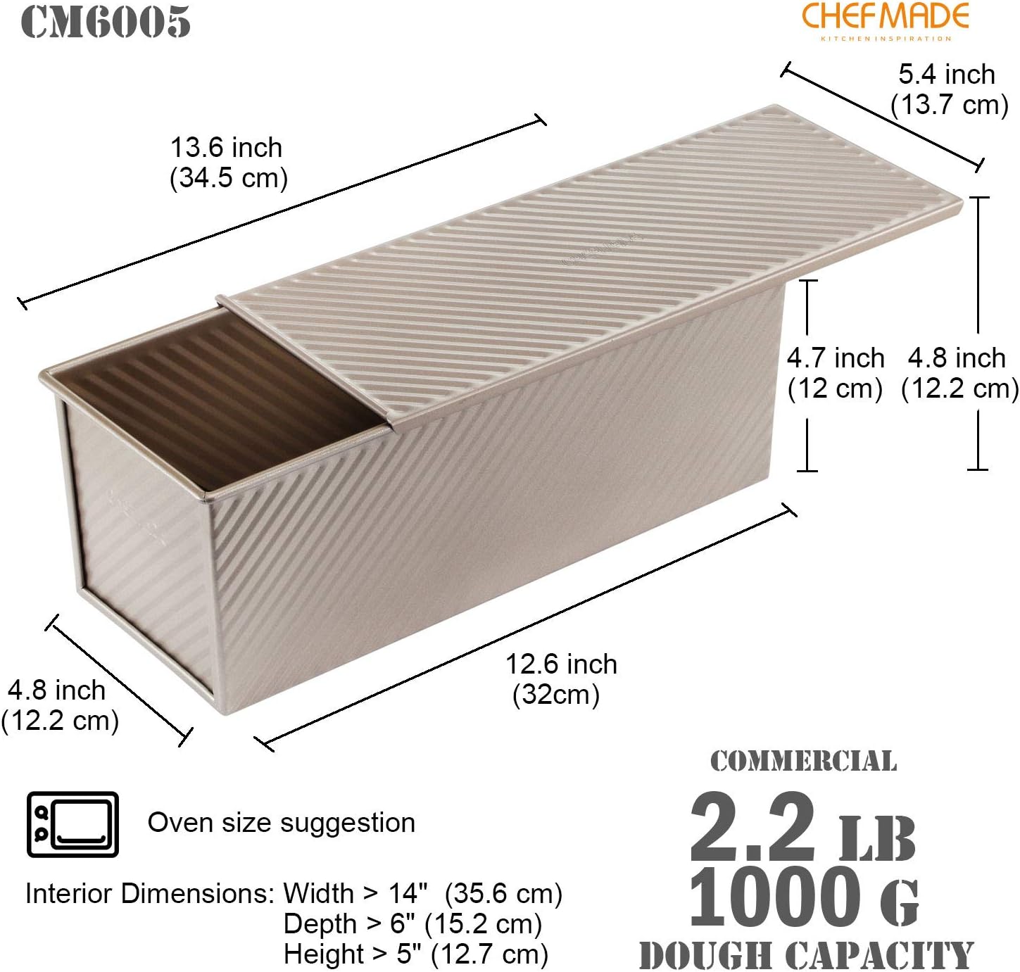 CHEFMADE Loaf Pan with Lid,Commercial Pullman Bread Pan 2.2Lb Dough Capacity,Non-Stick Bakeware Carbon Steel Bread Toast Mold with Cover for Baking Bread (Champagne Gold)2