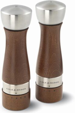 COLE & MASON Oldbury Wood Salt and Pepper Grinder Set - Wooden Mills Include Gift Box, Gourmet Precision Mechanisms and Premium Sea Salt & Peppercorns, Brown