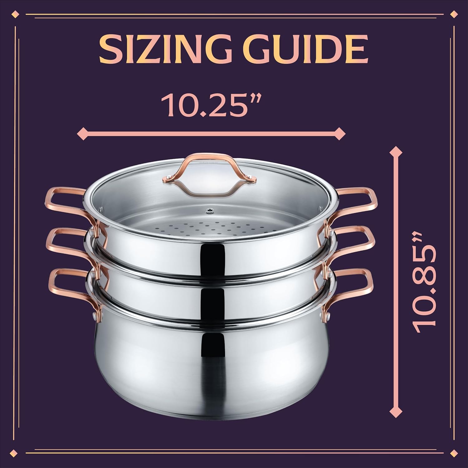 CONCORD Premium Stainless Steel 3 Tier Steamer w Rose Gold Handles 26 cm1
