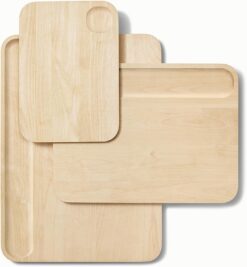 Caraway 4-Piece Double Sided Wood Cutting Board Set - Made From FSC-Certified Birch Wood - Mineral Oil & Wax Finish - 3 Sizes - Small, Medium, & Large - Storage Organizers Included