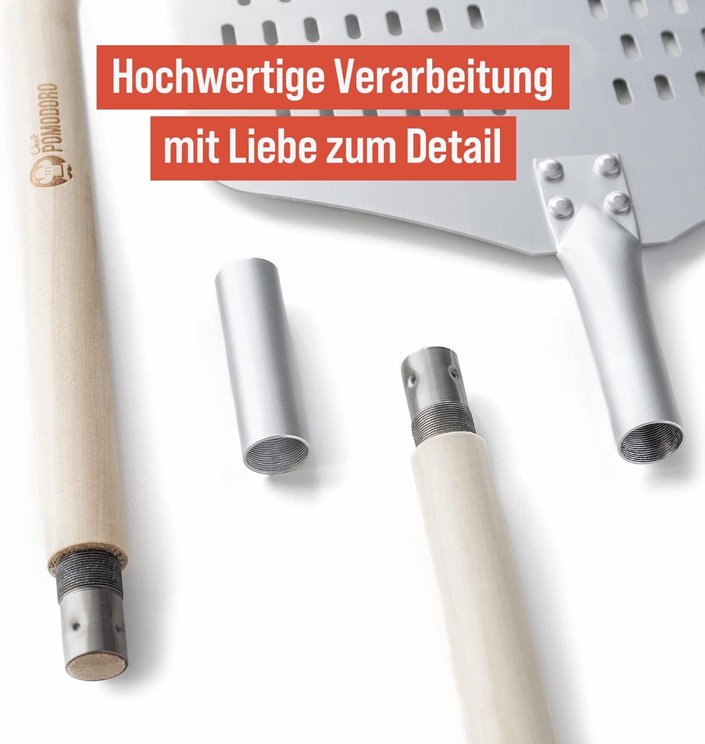 Chef Pomodoro Perforated Pizza Peel Aluminum, 12 x 14-Inch, with Detachable Wood 49-Inch Long Extendable Handle for Easy Storage, Gourmet Luxury Pizza Paddle for Baking Homemade Pizza Bread5