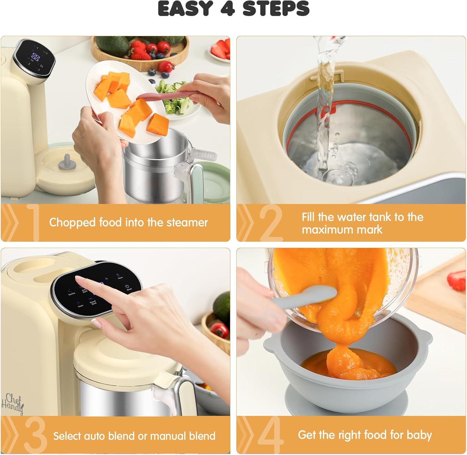 Chefhandy Baby Food Maker, 5 in 1 Baby Food Processor with Stainless Steel Steaming Basket, Baby Puree Maker with Steamer, Blender,Bottle Warmer Function,Auto Cooking & Grinding,Touchscreen (Yellow)1