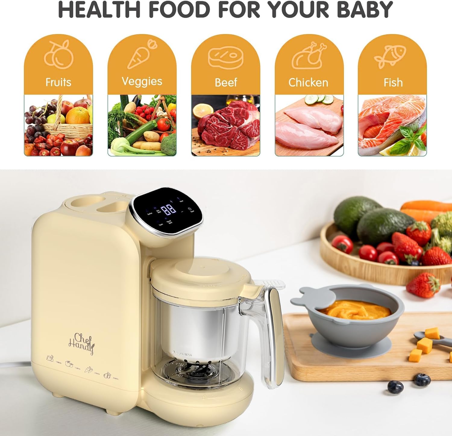 Chefhandy Baby Food Maker, 5 in 1 Baby Food Processor with Stainless Steel Steaming Basket, Baby Puree Maker with Steamer, Blender,Bottle Warmer Function,Auto Cooking & Grinding,Touchscreen (Yellow)4