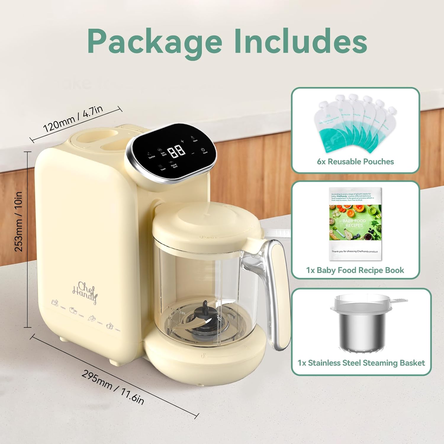Chefhandy Baby Food Maker, 5 in 1 Baby Food Processor with Stainless Steel Steaming Basket, Baby Puree Maker with Steamer, Blender,Bottle Warmer Function,Auto Cooking & Grinding,Touchscreen (Yellow)5