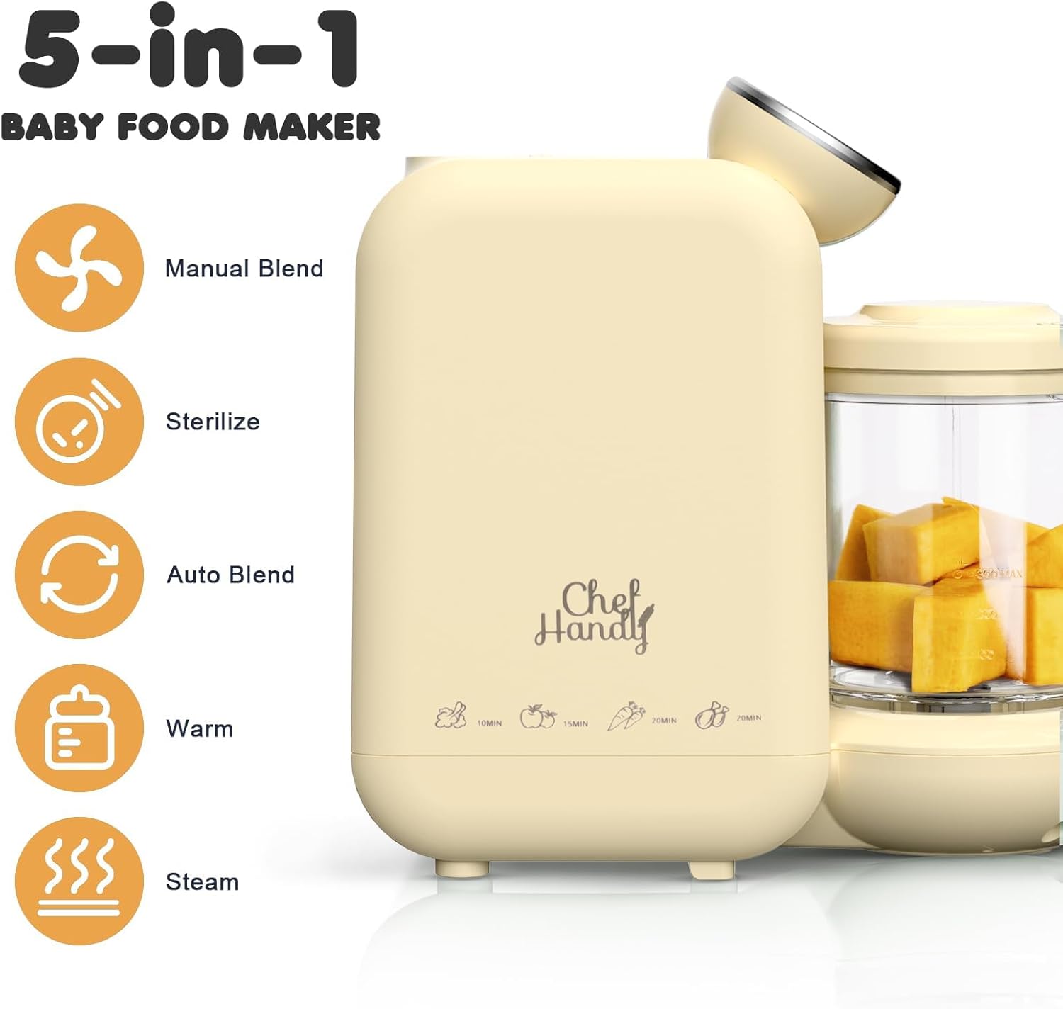 Chefhandy Baby Food Maker, 5 in 1 Baby Food Processor with Stainless Steel Steaming Basket, Baby Puree Maker with Steamer, Blender,Bottle Warmer Function,Auto Cooking & Grinding,Touchscreen (Yellow)7