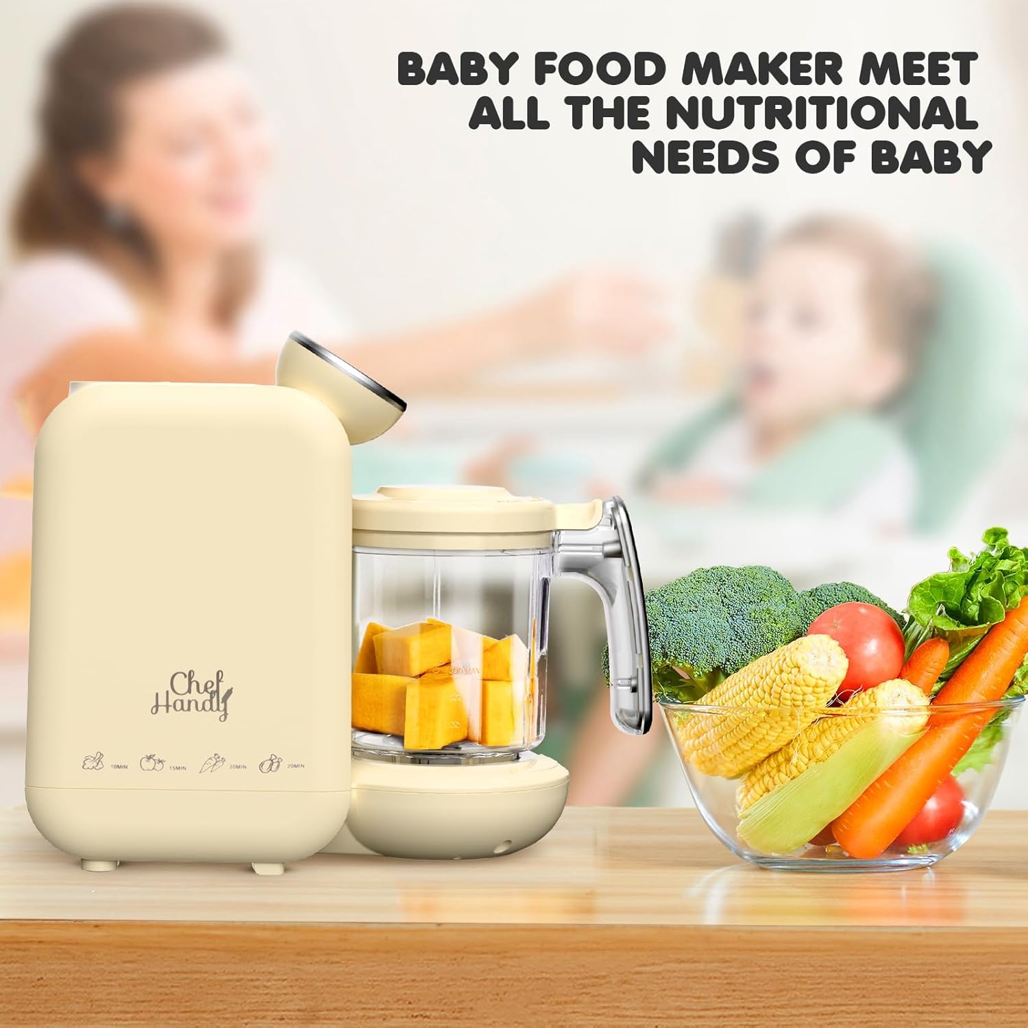 Chefhandy Baby Food Maker, 5 in 1 Baby Food Processor with Stainless Steel Steaming Basket, Baby Puree Maker with Steamer, Blender,Bottle Warmer Function,Auto Cooking & Grinding,Touchscreen (Yellow)9