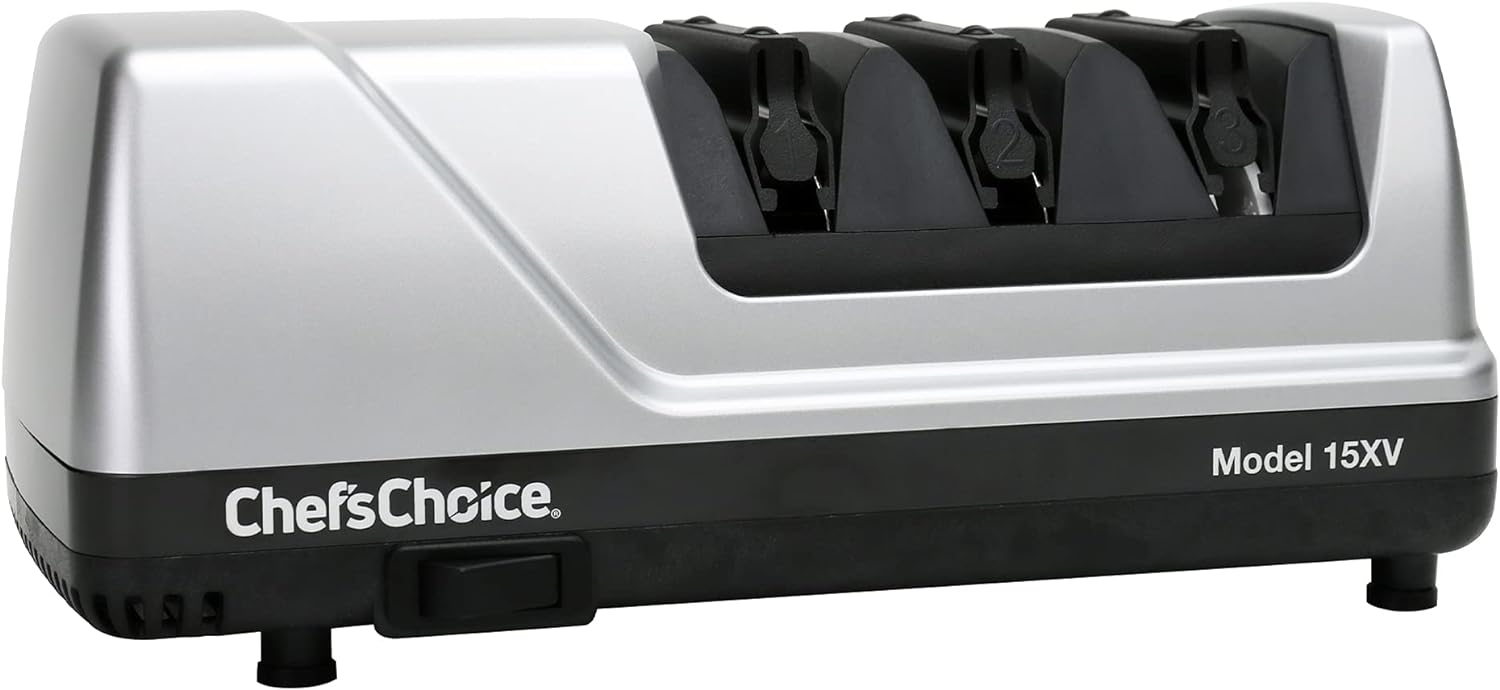 Chef'sChoice 15XV EdgeSelect Professional Electric Knife Sharpener with 100-Percent Diamond Abrasives and Precision Angle Guides for Straight Edge and Serrated Knives, 3-Stage, Gray Chef'sChoice 15XV EdgeSelect Professional Electric Knife Sharpener with 100-Percent Diamond Abrasives and Precision Angle Guides for Straight Edge and Serrated Knives, 3-Stage, Gray