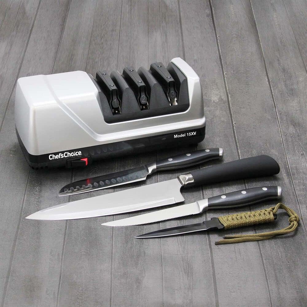 Chef'sChoice 15XV EdgeSelect Professional Electric Knife Sharpener with 100-Percent Diamond Abrasives and Precision Angle Guides for Straight Edge and Serrated Knives, 3-Stage, Gray0