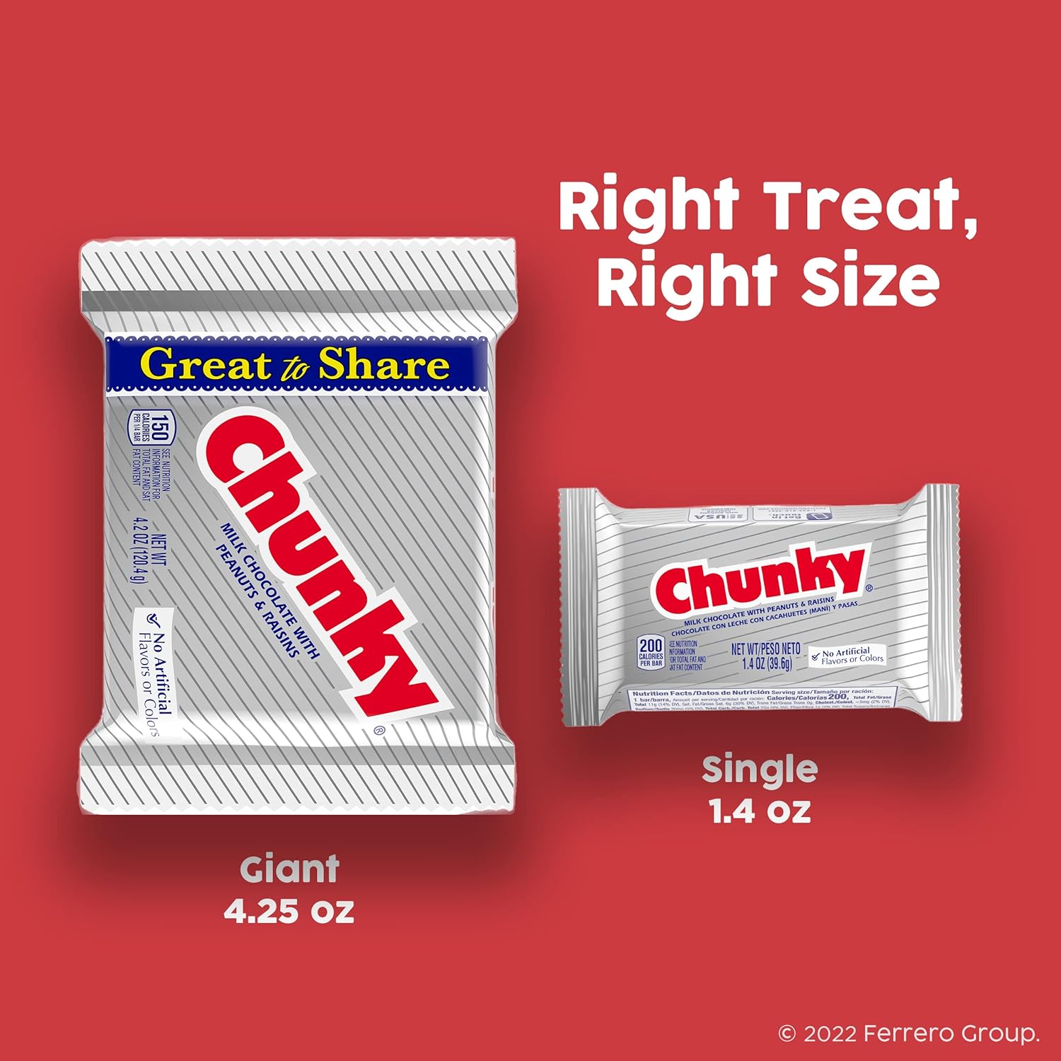 Chunky, Milk Chocolate with Freshly Roasted Peanuts and Chewy Raisins, Individually Wrapped Candy Bar, Share Pack 2.5.oz each, Bulk 24 Pack3