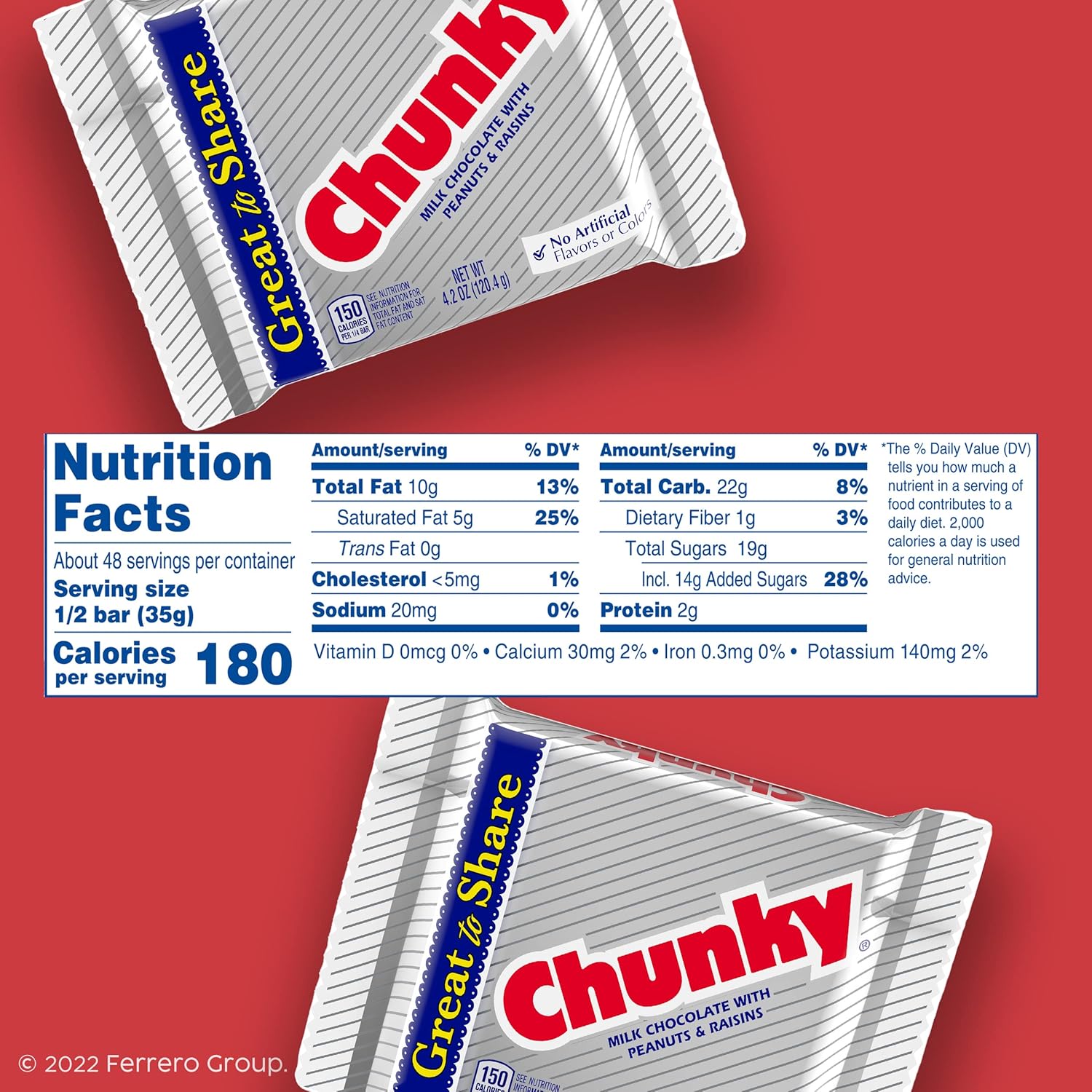 Chunky, Milk Chocolate with Freshly Roasted Peanuts and Chewy Raisins, Individually Wrapped Candy Bar, Share Pack 2.5.oz each, Bulk 24 Pack5