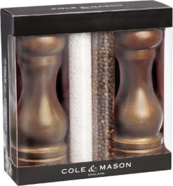Cole & Mason 6.5-inch Forest Capstan Salt & Pepper Grider Gift Set - Adjustable Pepper Grinder - Refillable Spice Tools - Hand Wash Kitchen Tools - Beech Wood