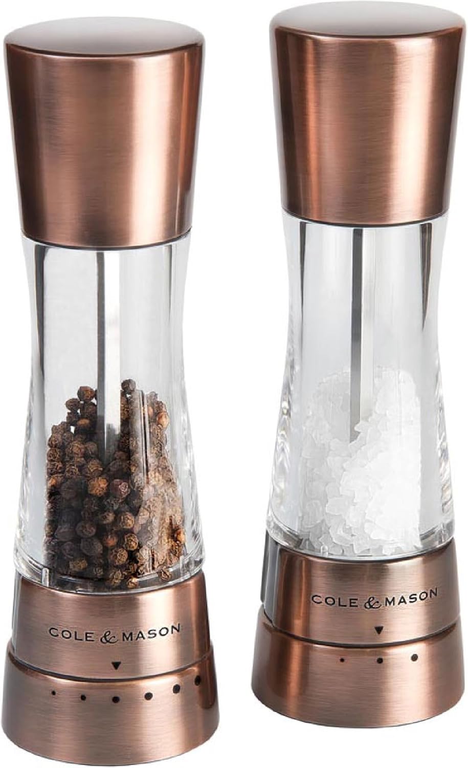 Cole & Mason Derwent Salt & Pepper Mill Gift Set - Salt & Pepper Shaker & Grinder with Adjustable Coarseness - Gourmet Precision Mill Set - Stainless Steel & Acrylic Grinders - Copper Cole & Mason Derwent Salt & Pepper Mill Gift Set - Salt & Pepper Shaker & Grinder with Adjustable Coarseness - Gourmet Precision Mill Set - Stainless Steel & Acrylic Grinders - Copper