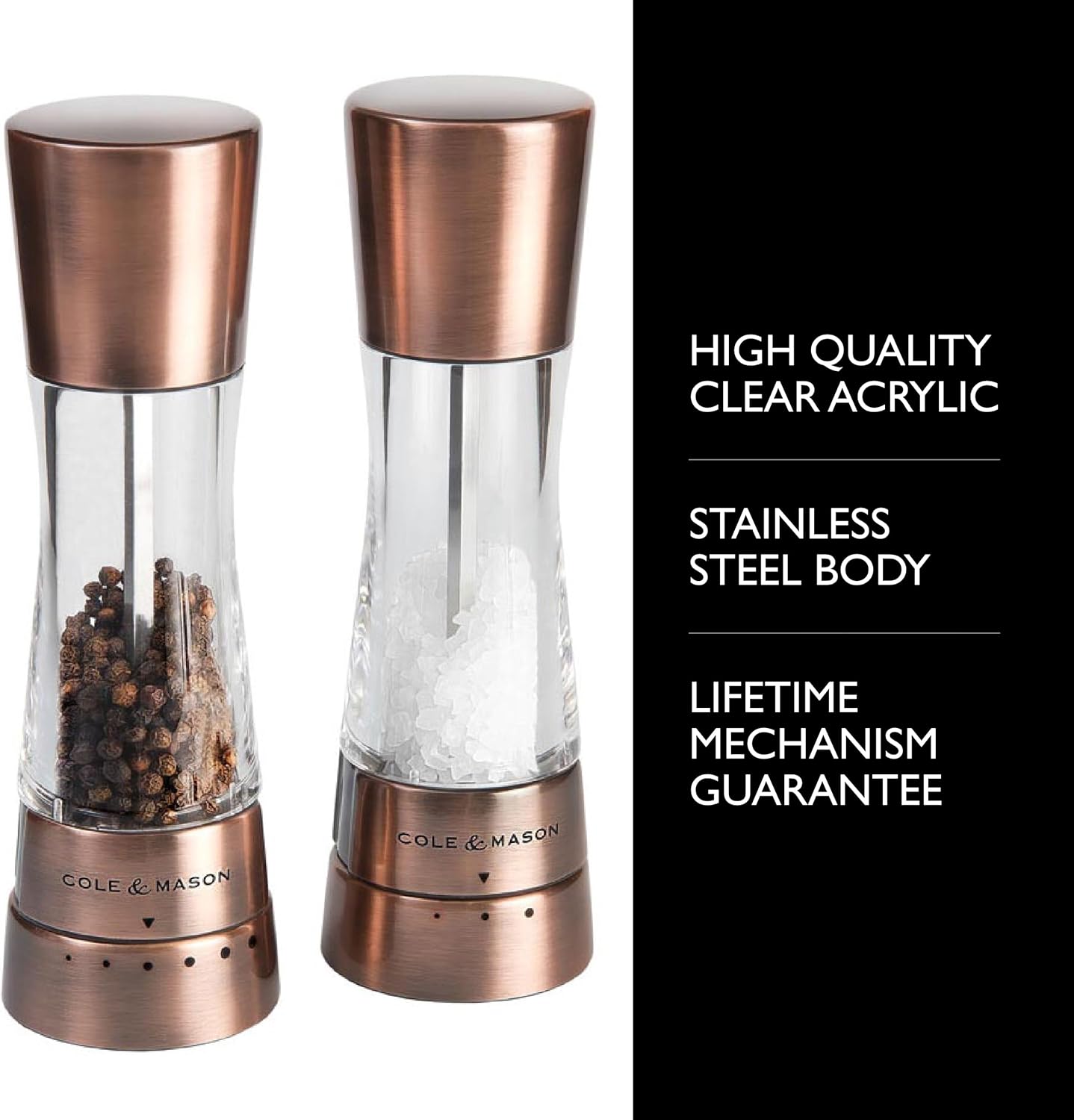 Cole & Mason Derwent Salt & Pepper Mill Gift Set - Salt & Pepper Shaker & Grinder with Adjustable Coarseness - Gourmet Precision Mill Set - Stainless Steel & Acrylic Grinders - Copper1