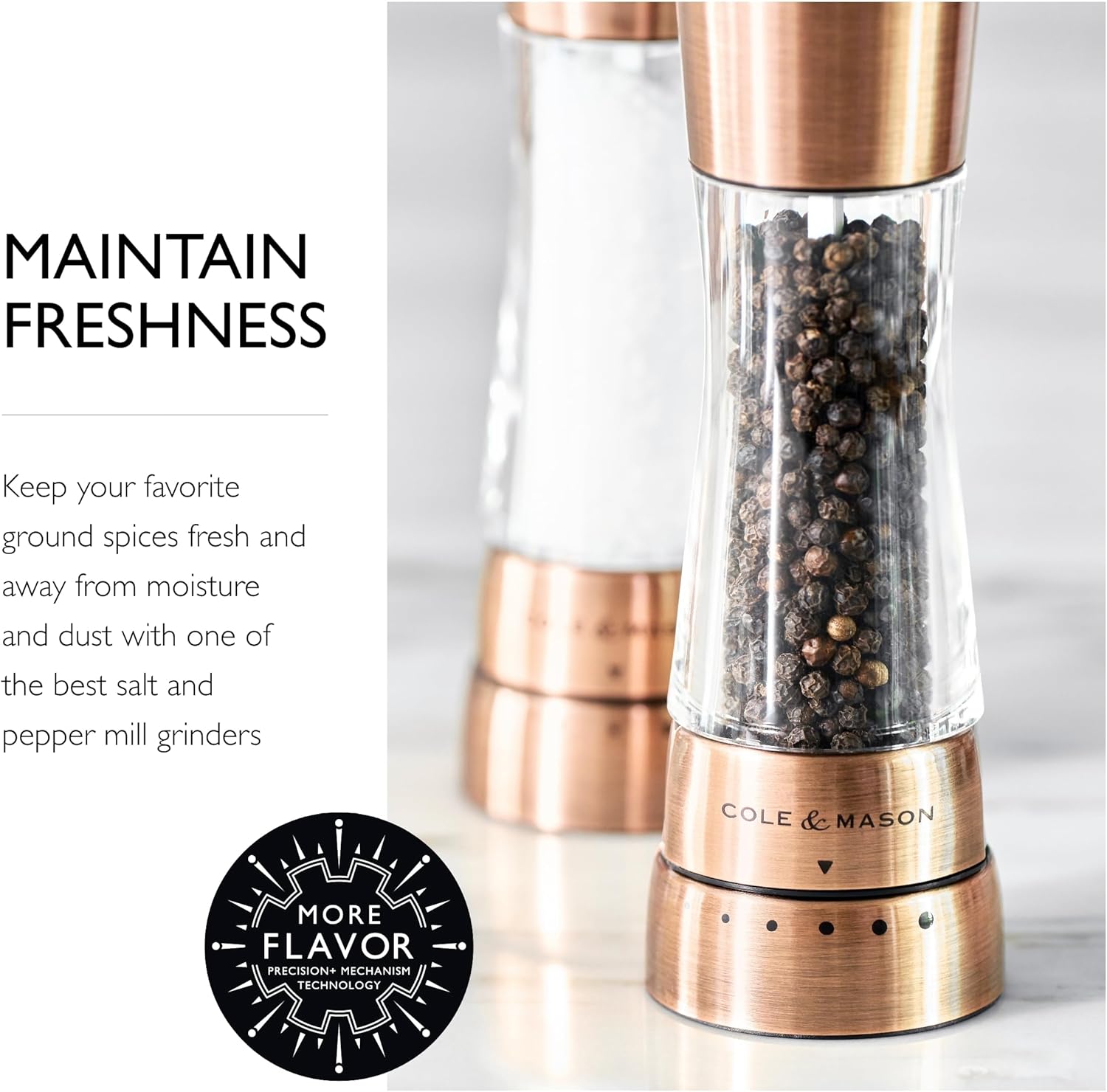 Cole & Mason Derwent Salt & Pepper Mill Gift Set - Salt & Pepper Shaker & Grinder with Adjustable Coarseness - Gourmet Precision Mill Set - Stainless Steel & Acrylic Grinders - Copper5