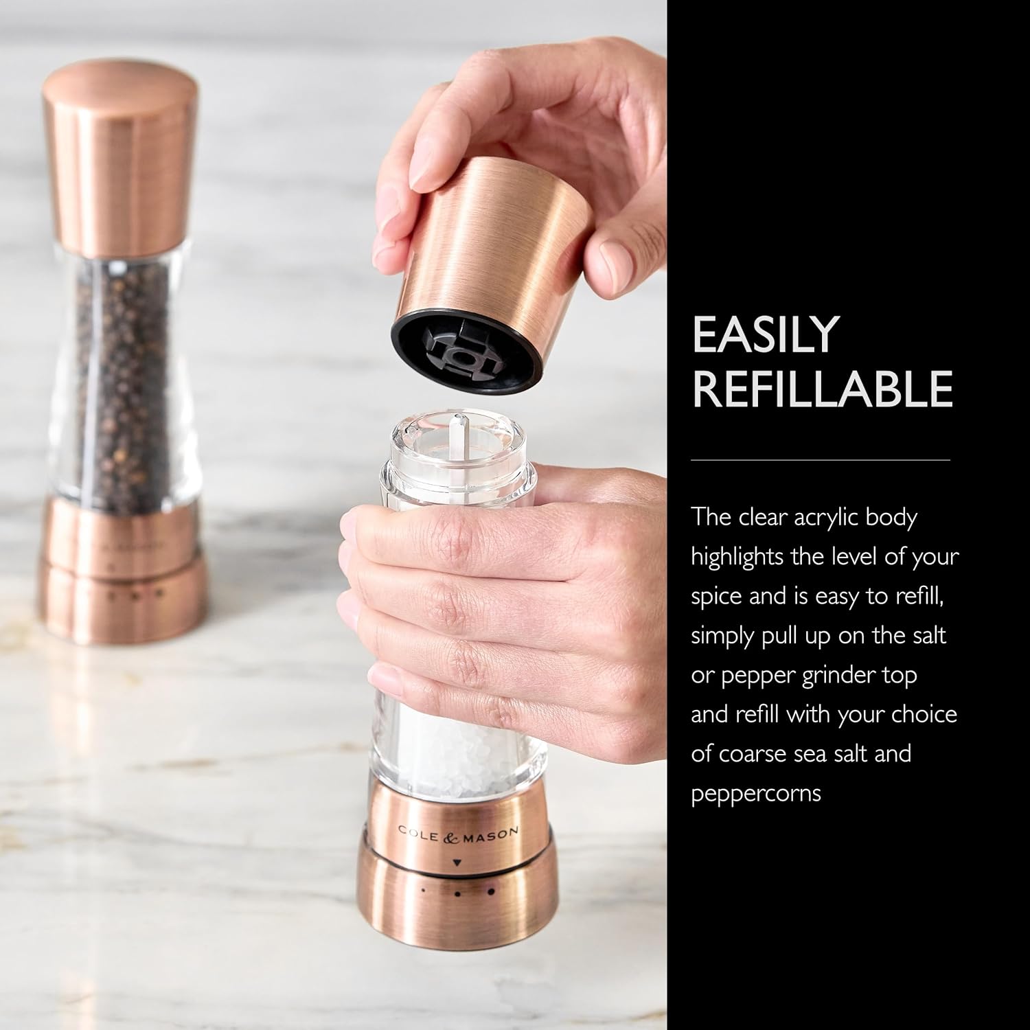 Cole & Mason Derwent Salt & Pepper Mill Gift Set - Salt & Pepper Shaker & Grinder with Adjustable Coarseness - Gourmet Precision Mill Set - Stainless Steel & Acrylic Grinders - Copper6