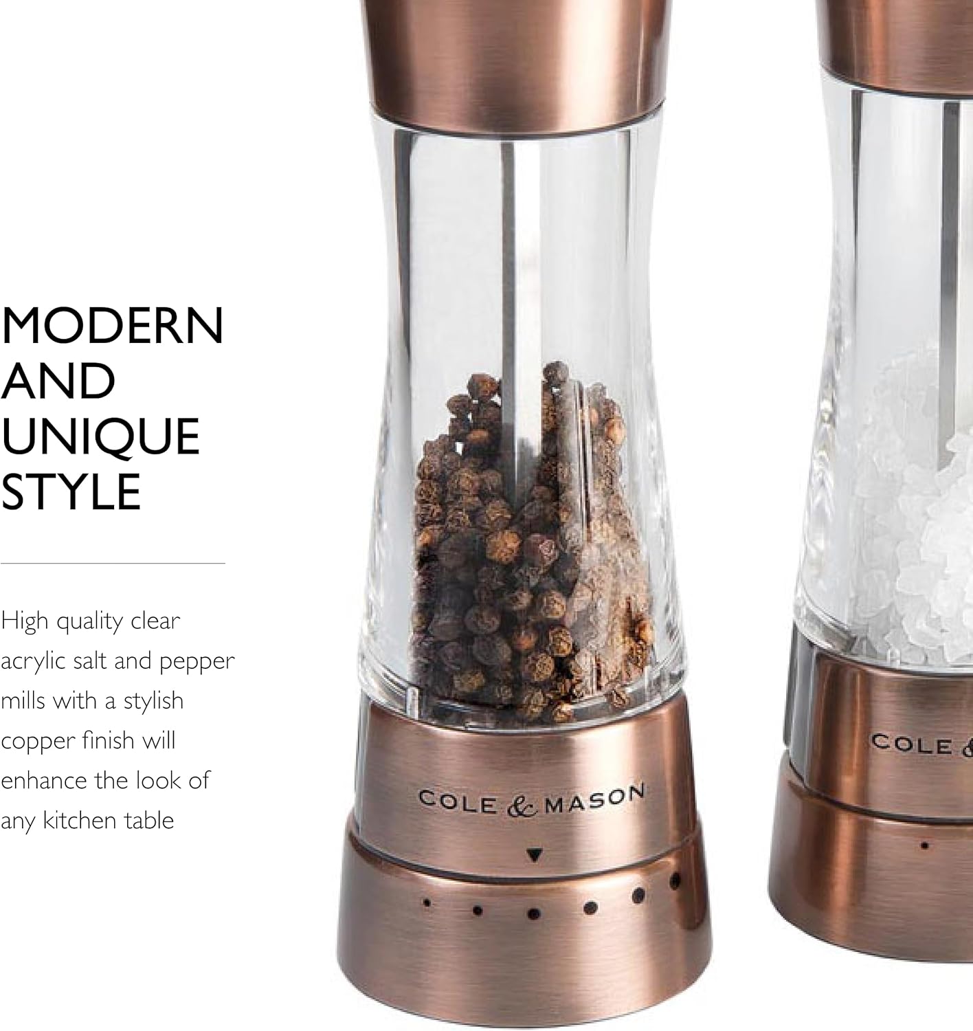 Cole & Mason Derwent Salt & Pepper Mill Gift Set - Salt & Pepper Shaker & Grinder with Adjustable Coarseness - Gourmet Precision Mill Set - Stainless Steel & Acrylic Grinders - Copper8