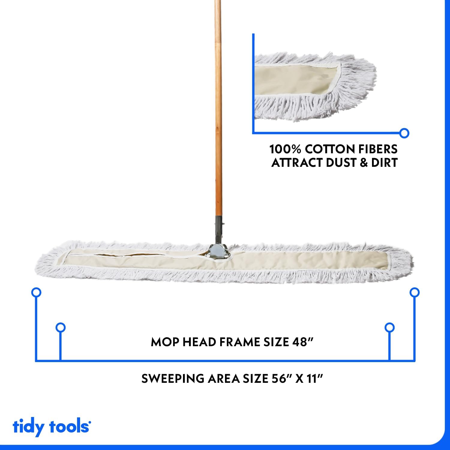 Commercial Dust Mop & Floor Sweeper, 48 in. Dust Mop for Hardwood Floors, Cotton Reusable Dust Mop Head, Wooden Broom Handle, Industrial Dry Mop for Floor Cleaning & Janitorial Supplies6