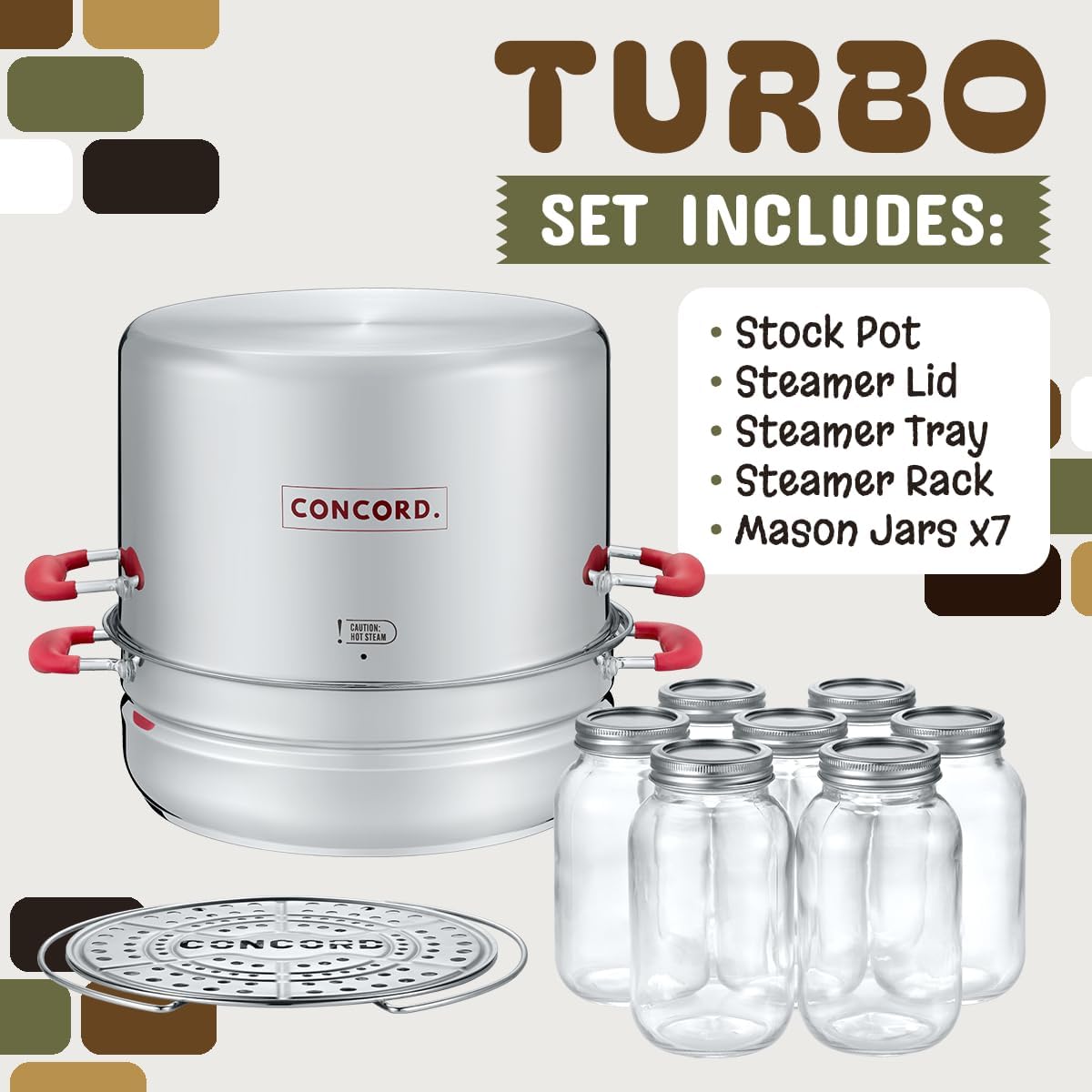 Concord Stainless Steel Turbo Steam Canner Canning Steamer Pot Set. Includes Canning Rack and Mason Jars (Induction Compatible).4