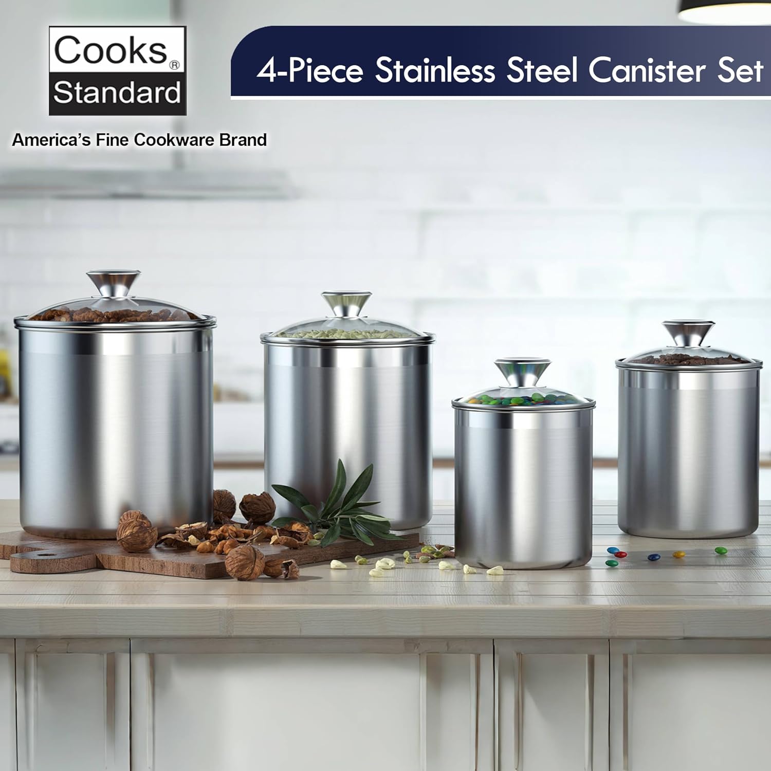 Cooks Standard Stainless Steel Food Jar Storage Canister Set Medium 4-Piece, 0.95qt 1.6qt 2.5qt 3.5qt Airtight Containers with Glass Lid for Tea Coffee Sugar Flour0