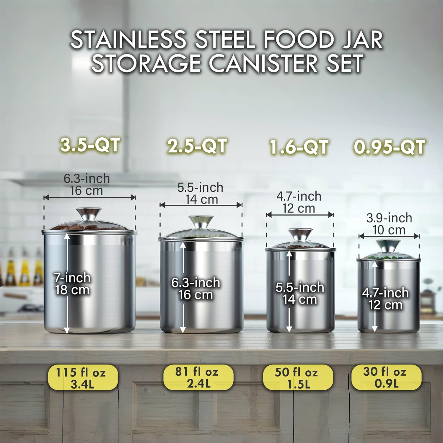 Cooks Standard Stainless Steel Food Jar Storage Canister Set Medium 4-Piece, 0.95qt 1.6qt 2.5qt 3.5qt Airtight Containers with Glass Lid for Tea Coffee Sugar Flour5