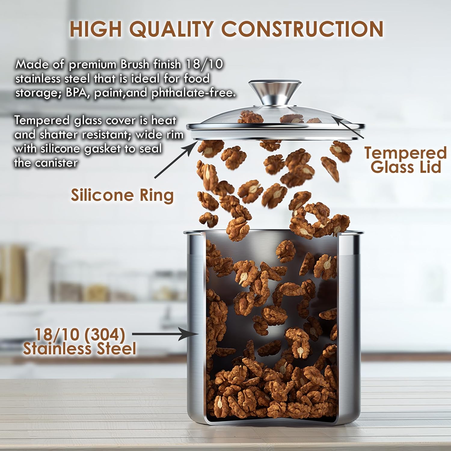 Cooks Standard Stainless Steel Food Jar Storage Canister Set Medium 4-Piece, 0.95qt 1.6qt 2.5qt 3.5qt Airtight Containers with Glass Lid for Tea Coffee Sugar Flour8