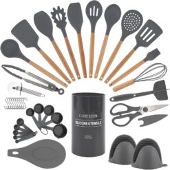 Country Kitchen Cooking Utensils Set - 40 pcs Non-stick Silicone Spatula Set with Holder, Wooden Handles and Heat Resistant Gadgets Utensil, Gray