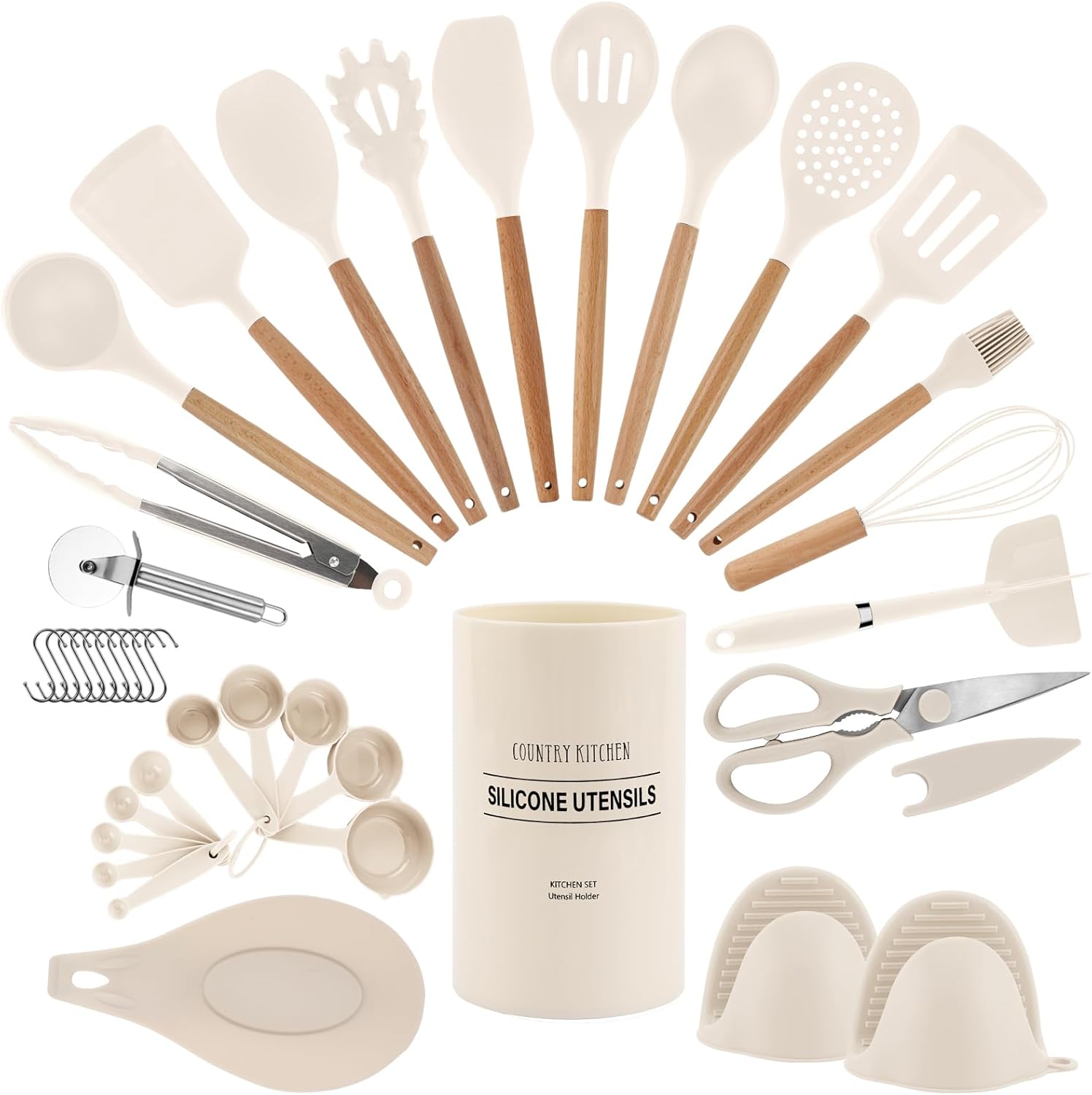 Country Kitchen Cooking Utensils Set - 40 pcs Non-stick Silicone Spatula Set with Holder, Wooden Handles and Heat Resistant Gadgets Utensil, Khaki Country Kitchen Cooking Utensils Set - 40 pcs Non-stick Silicone Spatula Set with Holder, Wooden Handles and Heat Resistant Gadgets Utensil, Khaki