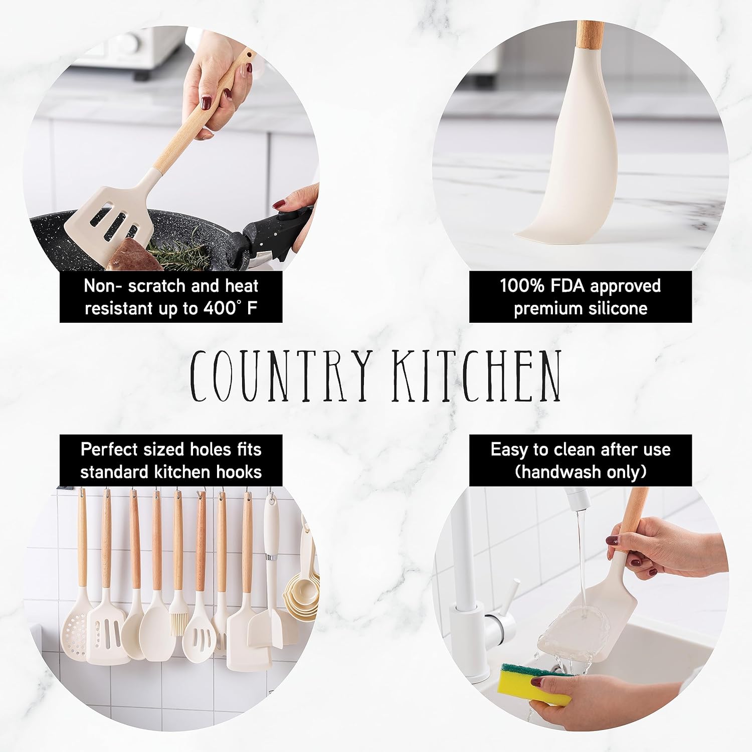 Country Kitchen Cooking Utensils Set - 40 pcs Non-stick Silicone Spatula Set with Holder, Wooden Handles and Heat Resistant Gadgets Utensil, Khaki1