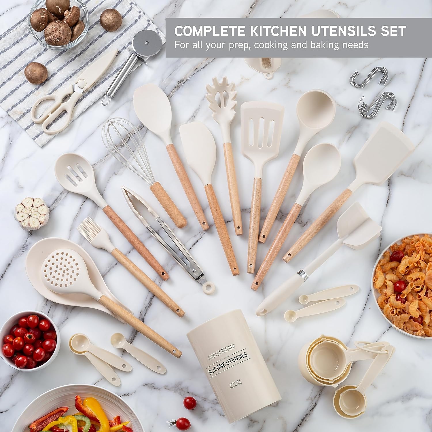 Country Kitchen Cooking Utensils Set - 40 pcs Non-stick Silicone Spatula Set with Holder, Wooden Handles and Heat Resistant Gadgets Utensil, Khaki3
