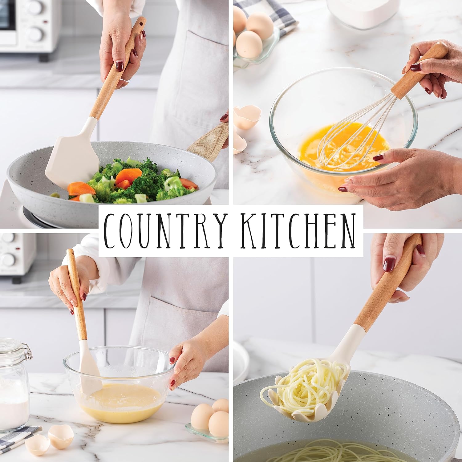 Country Kitchen Cooking Utensils Set - 40 pcs Non-stick Silicone Spatula Set with Holder, Wooden Handles and Heat Resistant Gadgets Utensil, Khaki4