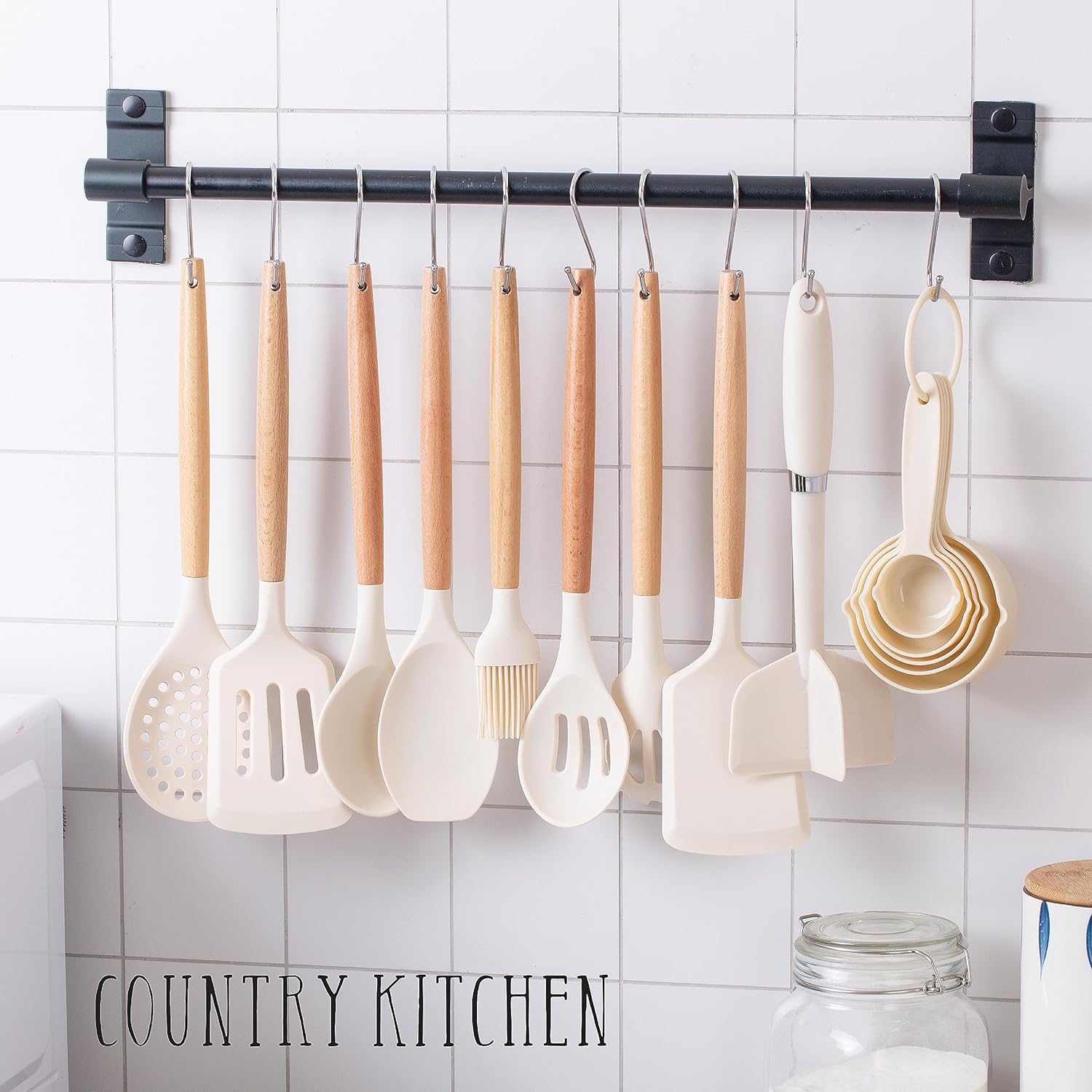 Country Kitchen Cooking Utensils Set - 40 pcs Non-stick Silicone Spatula Set with Holder, Wooden Handles and Heat Resistant Gadgets Utensil, Khaki89