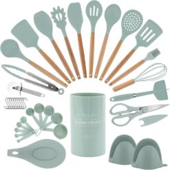 Country Kitchen Cooking Utensils Set - 40 pcs Non-stick Silicone Spatula Set with Holder, Wooden Handles and Heat Resistant Gadgets Utensil, Mint