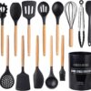 Country Kitchen Silicone Cooking Utensils, 14 Pc Kitchen Utensil Set, Easy to Clean Wooden Kitchen Utensils, Cooking Utensils for Nonstick Cookware, Kitchen Gadgets and Spatula Set