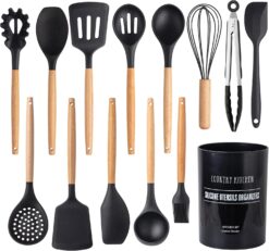 Country Kitchen Silicone Cooking Utensils, 14 Pc Kitchen Utensil Set, Easy to Clean Wooden Kitchen Utensils, Cooking Utensils for Nonstick Cookware, Kitchen Gadgets and Spatula Set