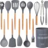 Country Kitchen Silicone Cooking Utensils, 14 Pc Kitchen Utensil Set, Easy to Clean Wooden Kitchen Utensils, Cooking Utensils for Nonstick Cookware, Kitchen Gadgets and Spatula Set, Gray